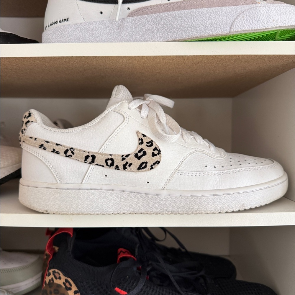 White Sneakers with Leopard Print Swoosh